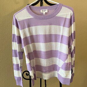 Candace Cameron Bure Lightweight LS Lavender/White Stripe Sweater, Size L